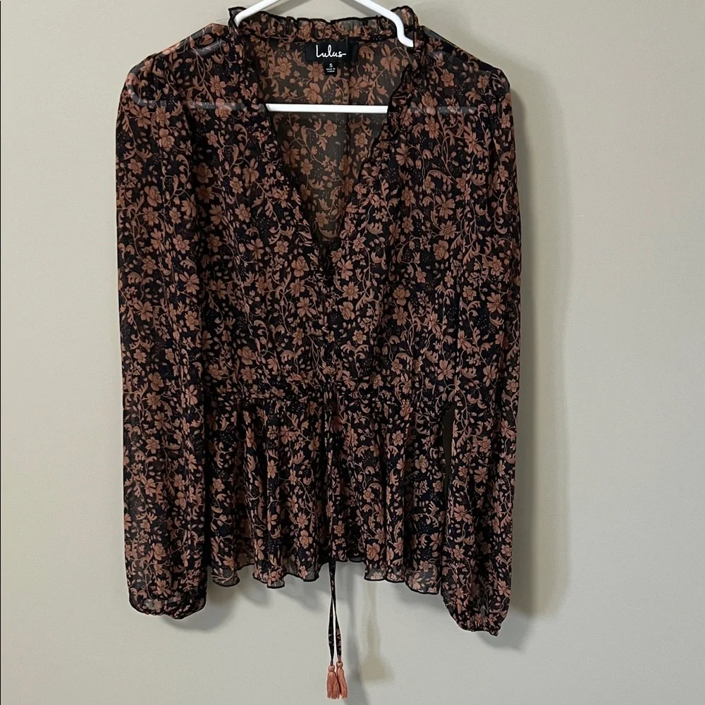 Lulu's She’s The Sweetest Black and Brown Floral Long Sleeve Sheer Blouse Size S - Picture 2 of 12